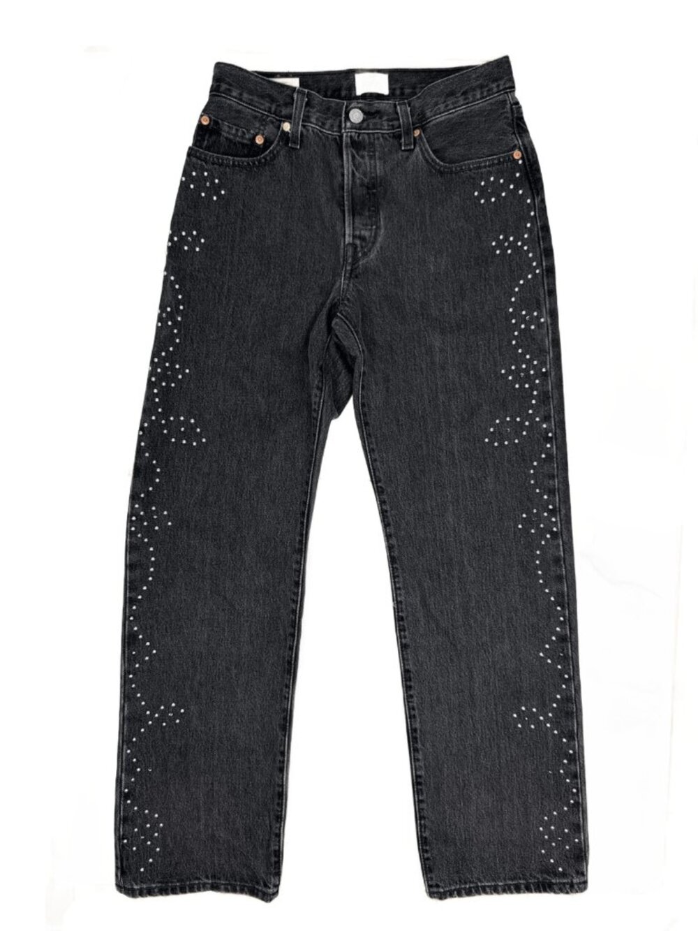 LEVI'S '90s 100% Cotton Studded High Rise Straight Leg Bejeweled Black Jeans 26 - Picture 4 of 11